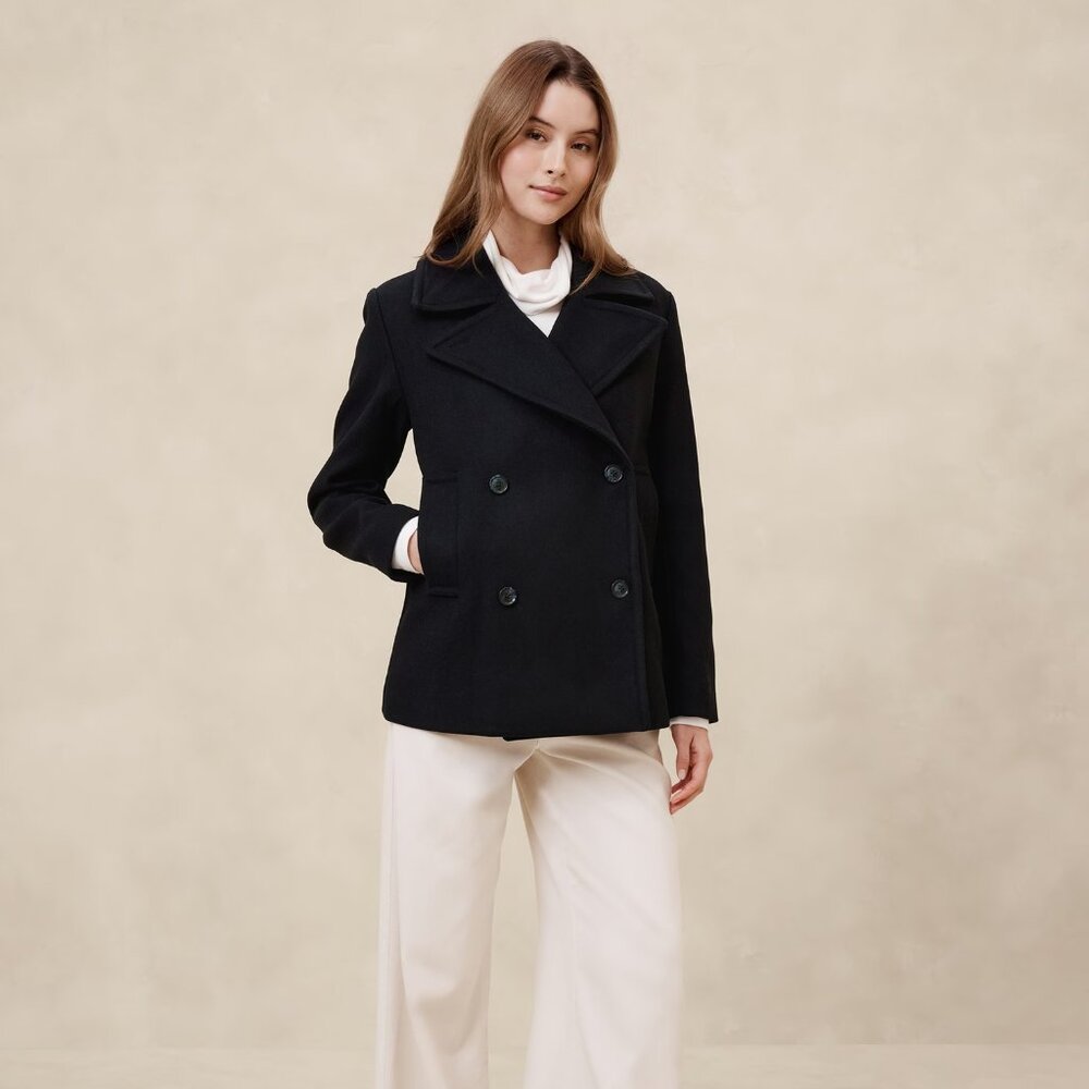 NEW Banana Republic Factory Dark Navy Blue Wool-Blend Peacoat